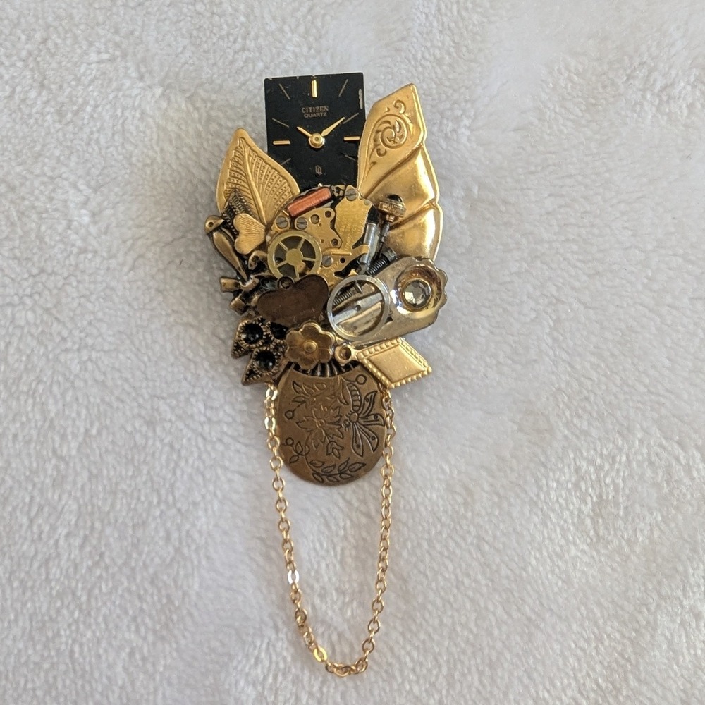Vtg Steampunk Brooch Gold Watch Parts Citizen Quartz Assemblage Upcycled Art